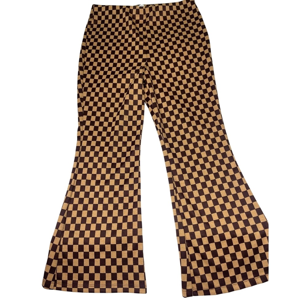 Love On A Hanger Brown Tan Checkered Flare Pants High Rise Size 9 Retro Style b1